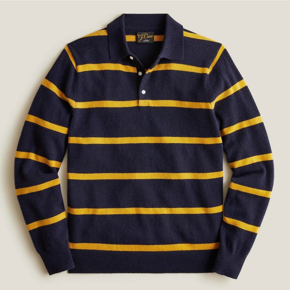 J. CREW Cashmere Collared Sweater Rugby Stripe Navy Blue Yellow Sz L $158 {N39} - Picture 2 of 7